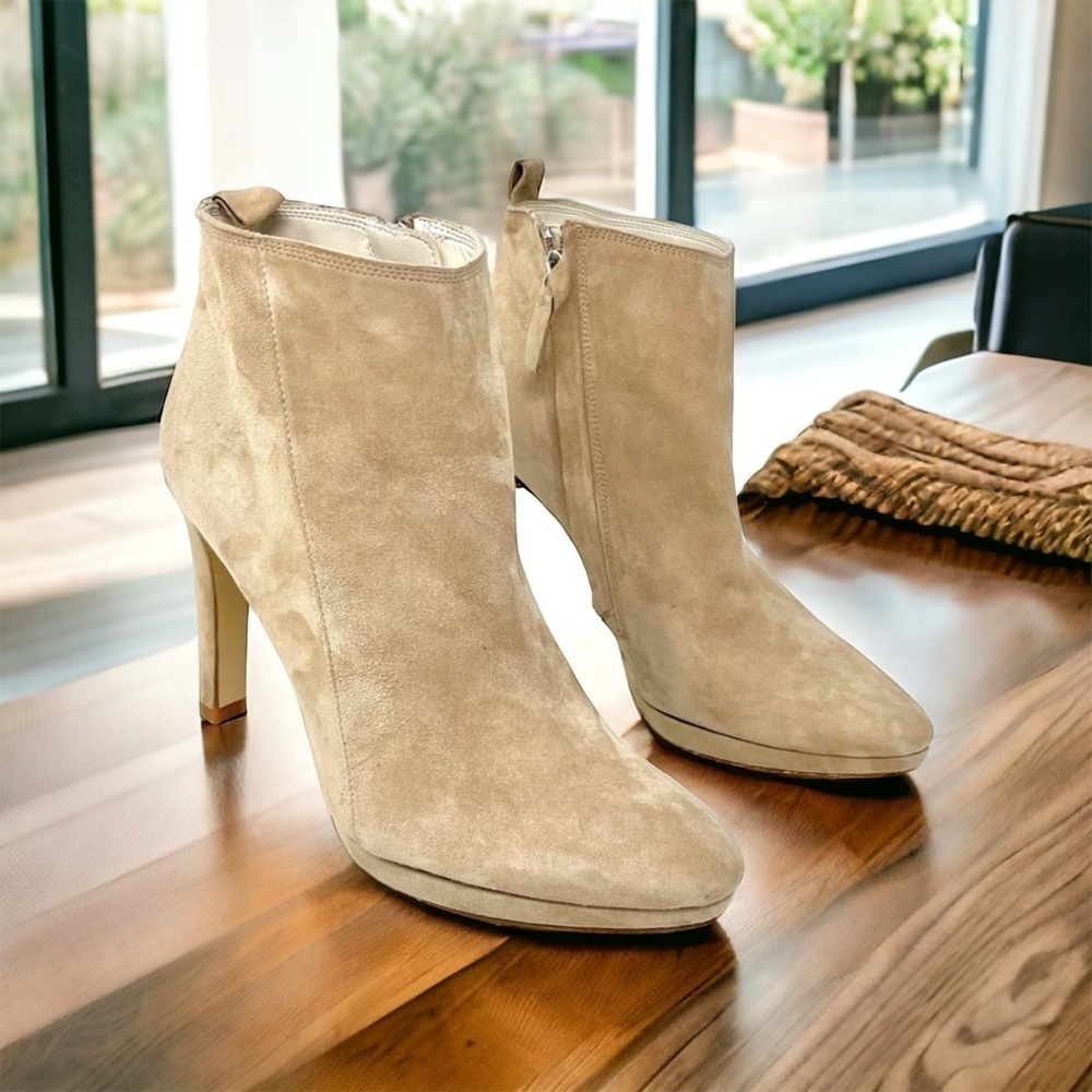Zara Light Tan Suede Heeled Platform Pointed Toe Ankle Booties Size 39